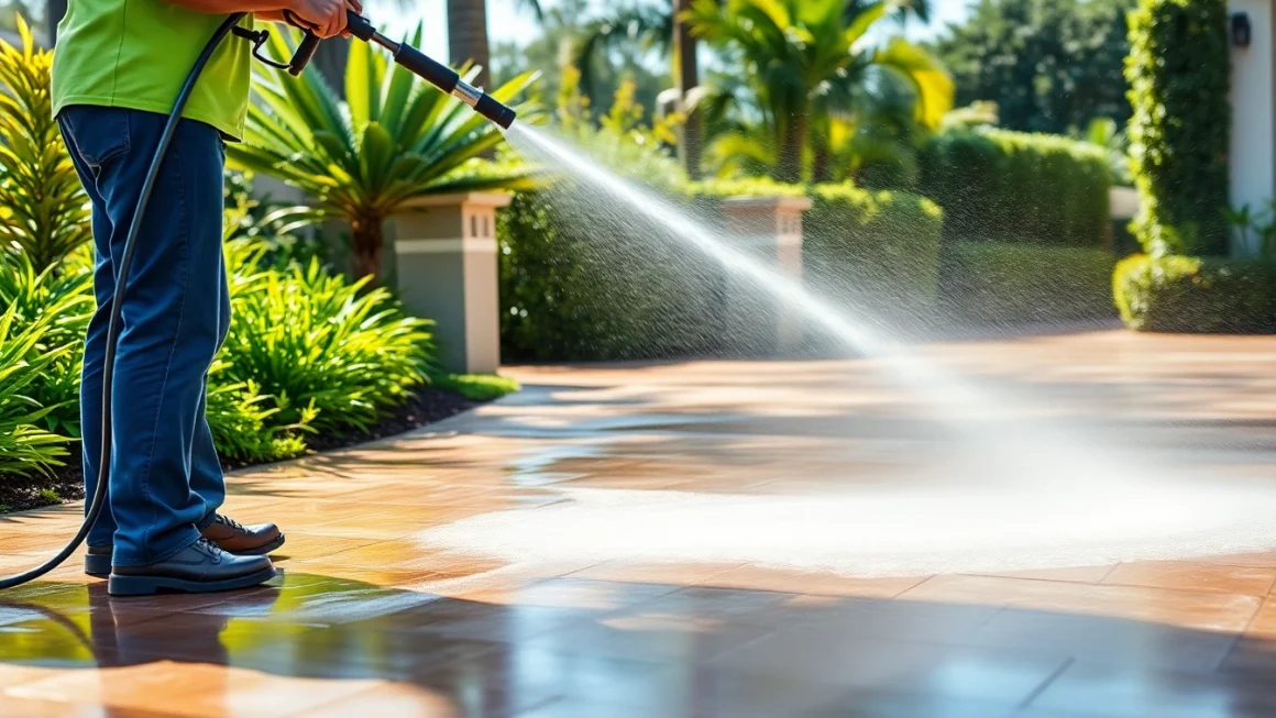 Driveway pressure wash in Kissimmee, showcasing a technician cleaning concrete with a pressure washer.