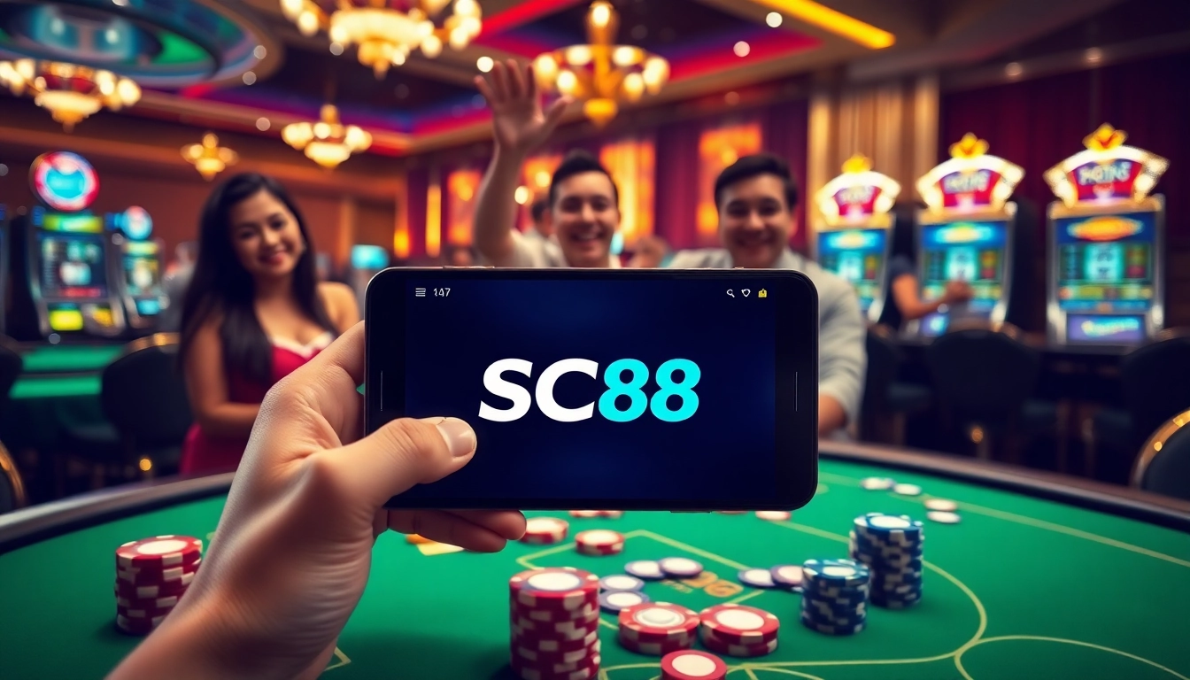 Experience the excitement of the SC88 App in a luxurious casino environment filled with vibrant gaming elements.
