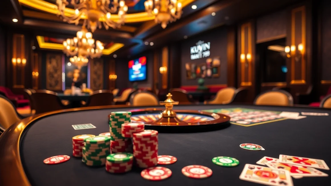 Experience the excitement of kuwin 789 with a luxurious casino scene featuring roulette and poker.