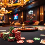 Experience the excitement of kuwin 789 with a luxurious casino scene featuring roulette and poker.