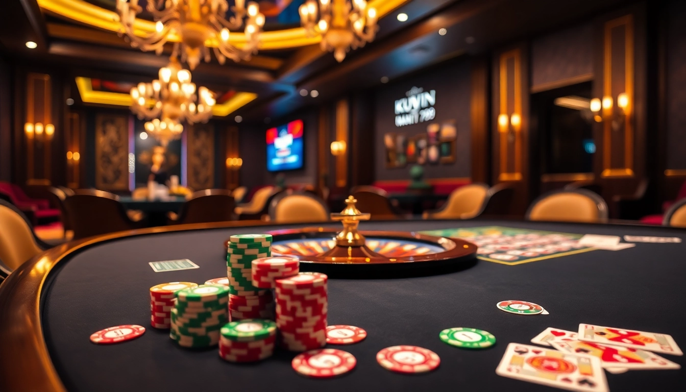 Experience the excitement of kuwin 789 with a luxurious casino scene featuring roulette and poker.