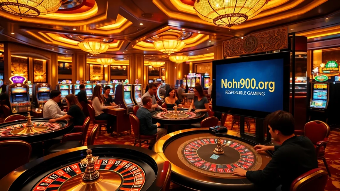 Players enjoying the casino experience at Nohu900.org with modern gaming tables and vibrant slot machines.