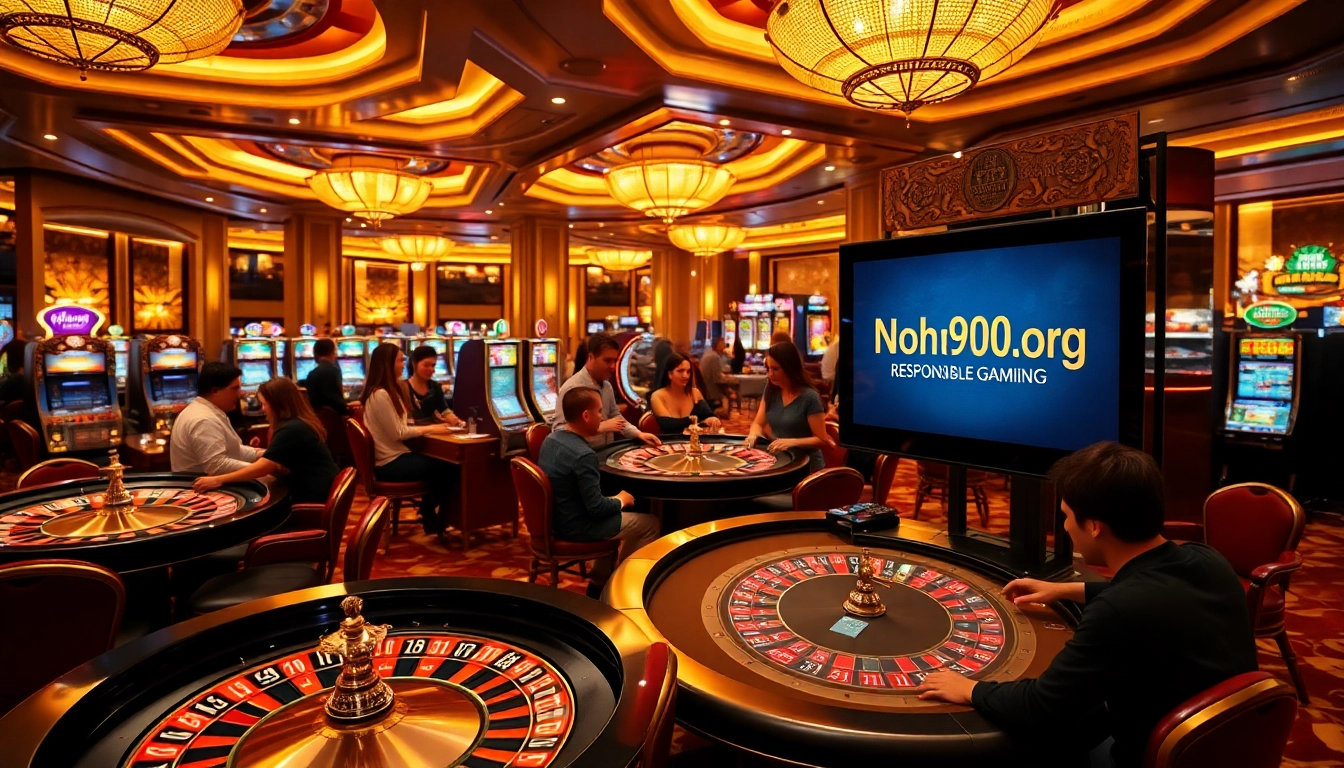 Players enjoying the casino experience at Nohu900.org with modern gaming tables and vibrant slot machines.