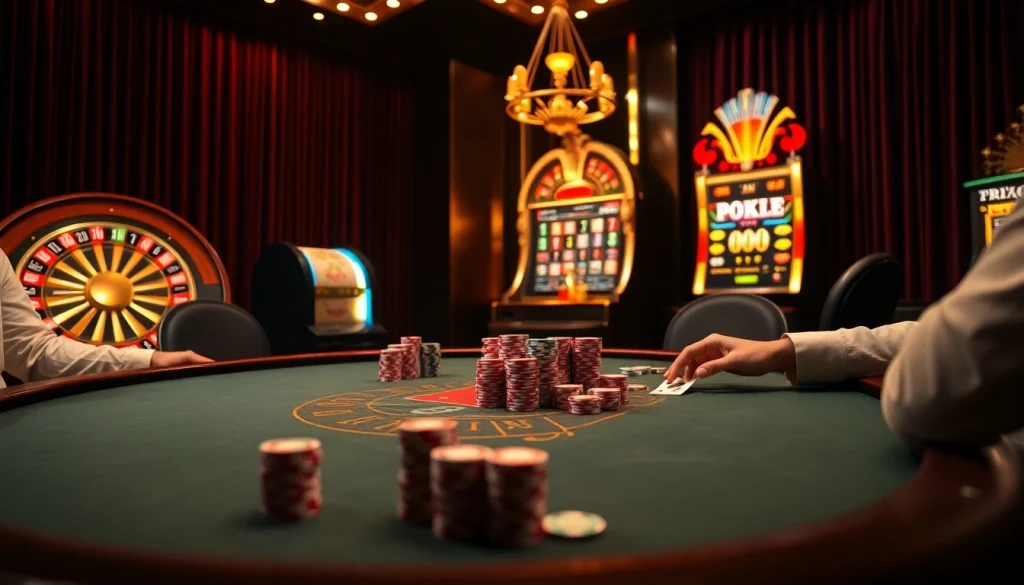 Engaging poker players in a high-stakes game at https://88i8i.net/ surrounded by luxurious casino elements.
