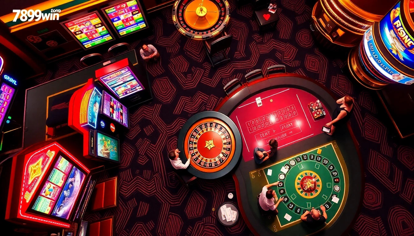 Players engaging in thrilling games at 789win.com, showcasing a vibrant casino atmosphere with roulette and slot machines.
