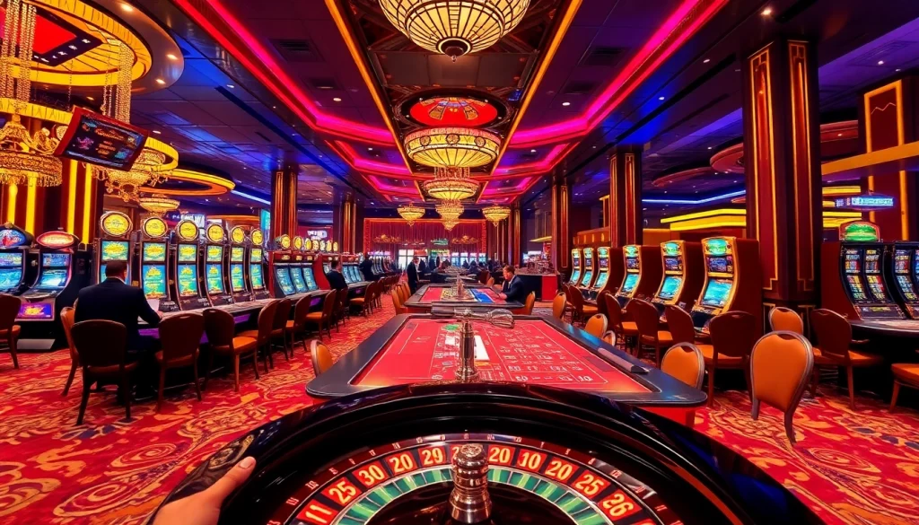 Gamblers enjoying an upscale gaming experience at nhà cái fun79 with vibrant casino tables and slot machines.