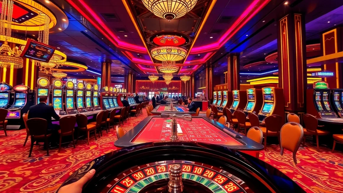Gamblers enjoying an upscale gaming experience at nhà cái fun79 with vibrant casino tables and slot machines.