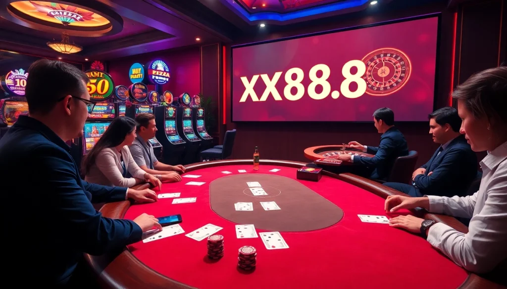 Engage in thrilling gambling at https://xx88.pizza/ with a vibrant casino atmosphere showcasing poker and slot machines.