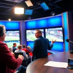 Engaging sports broadcasting studio with a dynamic anchor presenting live sports broadcasting.
