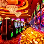 Excited players enjoying a nổ hũ jackpot win at a luxury casino, surrounded by vibrant slot machines.