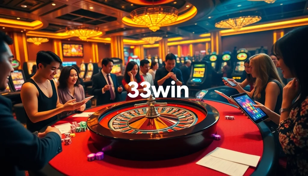33win players enjoying an exciting gambling experience at a luxurious casino table.