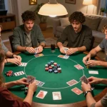Friends enjoying a lively poker game night at home, showcasing QQ88 atmosphere with colorful chips and focused gameplay.