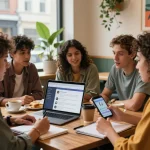 Group discussing sexting ai applications in a trendy café with smartphones and laptops.