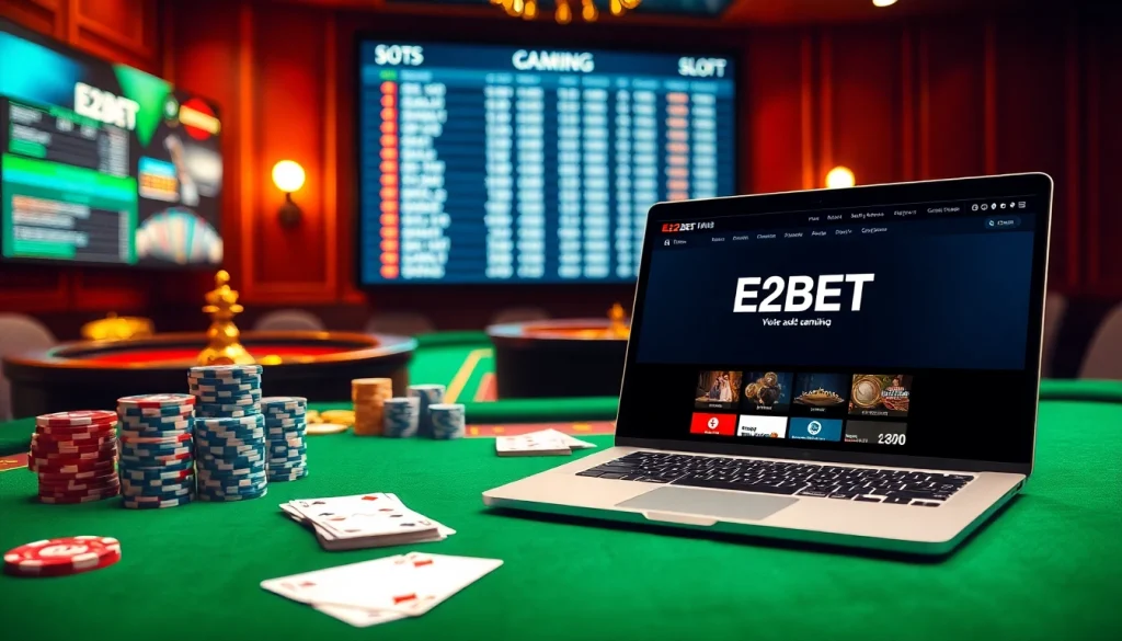 Energizing casino scene featuring E2BET gaming options with poker chips, cards, and a roulette wheel.
