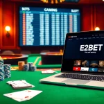 Energizing casino scene featuring E2BET gaming options with poker chips, cards, and a roulette wheel.