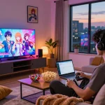 Engaging living room scene depicting a gamer enjoying adult visual novel games, illustrating the vibrant game sex experience.