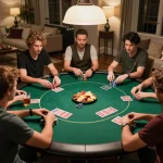 Exciting home poker night where friends use KI Detektor deutsch for strategic game analysis.