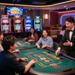 Excited players enjoying the interactive gaming atmosphere at aud77 Casino, showcasing vibrant slot machines and live dealer tables
