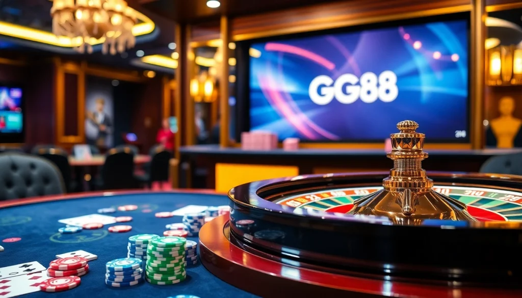 GG88 gaming experience with a luxurious casino table showcasing poker chips and cards.
