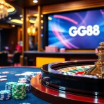 GG88 gaming experience with a luxurious casino table showcasing poker chips and cards.
