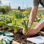 Engaged gardener planting spargelpflanzen in a vibrant garden setting, showcasing expert care and vibrant growth.