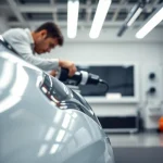 Fahrzeugaufbereitung wird in einem modernen Autoaufbereitungsbetrieb durchgeführt.