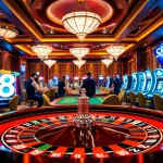 Excited players engaging at an S8 poker table in a luxurious casino setting.