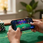 KJC mobile gaming session showing exciting poker gameplay on smartphone, dynamic atmosphere filled with snacks and home comforts.