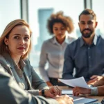 Headhunter Ingenieure in einer professionellen Besprechung, die Lösungen präsentieren und diskutieren.