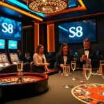 S8 casino players enjoying a high-stakes poker game in a luxurious setting.
