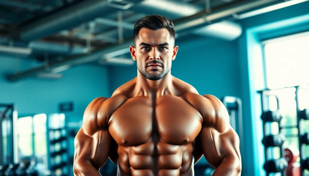 HGH kaufen: Kraftvoller Bodybuilder im Fitnessstudio hebt Gewichte.