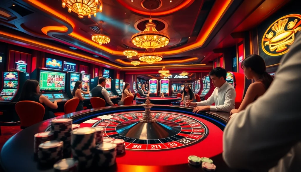 Experience excitement at RR99 with players enjoying casino games, roulette, and poker chips.