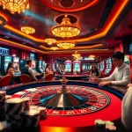 Experience excitement at RR99 with players enjoying casino games, roulette, and poker chips.