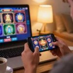 Player engaging with aud77 online casino slots on smartphone in cozy home environment.