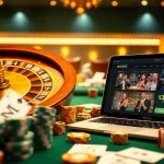 A dynamic online gambling scene at Trang chủ bl555 featuring cards, chips, and a roulette wheel.