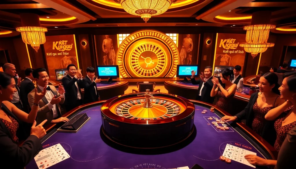 Kết quả xổ số displayed prominently in a luxurious casino with enthusiastic gamblers placing bets.