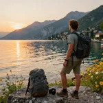 Urlaub am Gardasee genießen, Reisender betrachtet den Sonnenuntergang über den ruhigen Ufern des Gardasees.