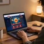 Gambling enthusiast using gg88 online casino site, laptop screen showing gameplay in cozy home setting.