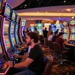 Players enjoying vibrant slot machines at a lively casino, engaging in sunwin action.