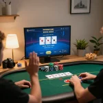 RR88 players strategizing during an online poker game in a cozy home setting.
