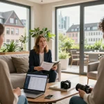 Immobilienmakler Frankfurt Sachsenhausen präsentiert eine stilvolle Immobilie potenziellen Käufern in einer lebhaften Umgebung.