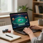 Playing online casino poker at home with fun79 platform on laptop, showcasing gaming strategy.