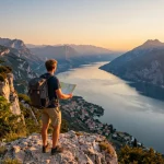 Erforschung der Gardasee Reisetipps bei Sonnenuntergang, mit atemberaubendem Blick auf die Berge und den See.