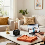 Sofort Lieferbar Produkte in einem einladenden Wohnzimmer ausgestellt, das ein modernes Online-Shopping-Erlebnis zeigt.