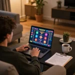 Tỷ lệ kèo nhà cái 5 displayed as person engages with online casino from home, emphasizing responsible gaming atmosphere.