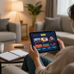 Person enjoying strategic gameplay on the RR88 casino app in a cozy living room setting.