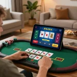 Ace96au player enjoying live blackjack game on tablet in a cozy living room.