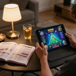 Engaging online gaming moment featuring RR88 mobile casino interface during a relaxed home session.