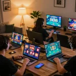 TWIN68 players enjoying immersive online games on various devices in a modern gaming setup
