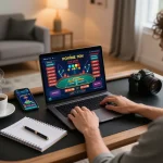 KUBET player engaging in live casino games on a laptop while enjoying a cozy home environment.